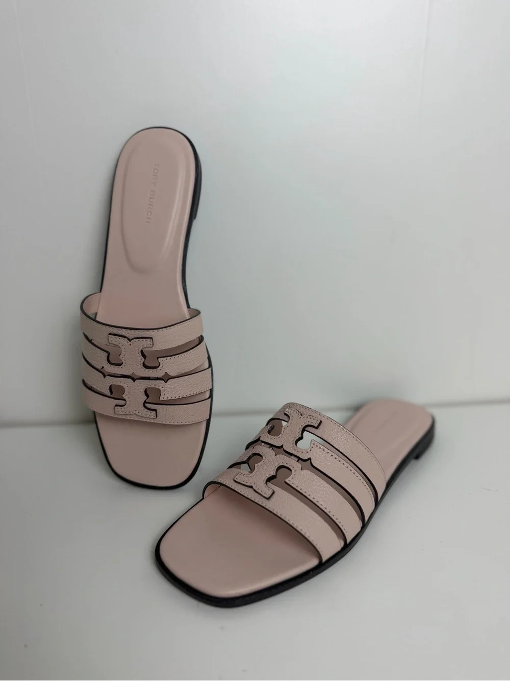 Tory Burch Pale Pink Leather Triple-Strap Logo Slide Sandals